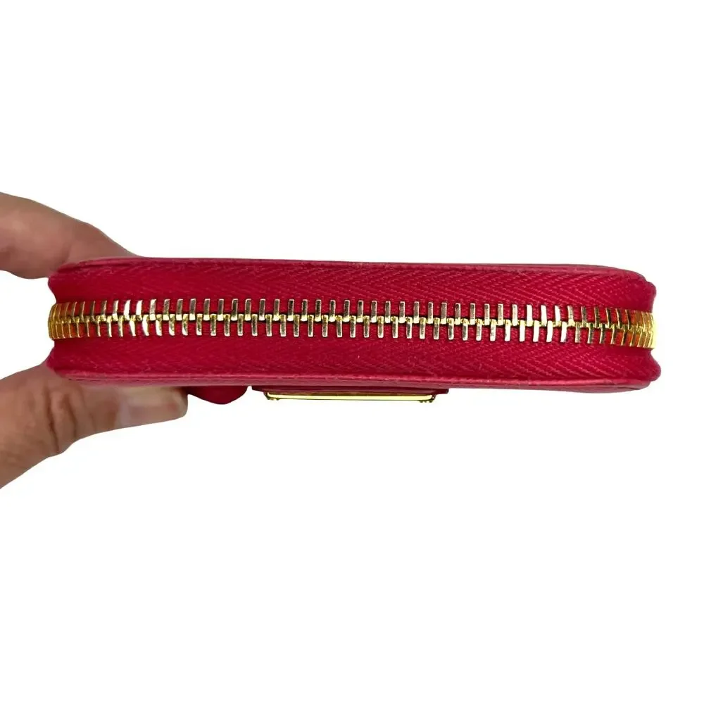 Prada Saffiano Leather Zip Coin Purse Compact Wallet Pink Gold Logo Italy Small